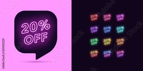 Neon Discount Tag, 20 Percentage Off. Offer Sale