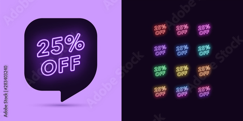 Neon Discount Tag, 25 Percentage Off. Offer Sale
