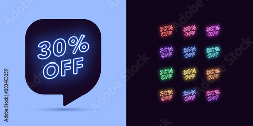 Neon Discount Tag, 30 Percentage Off. Offer Sale