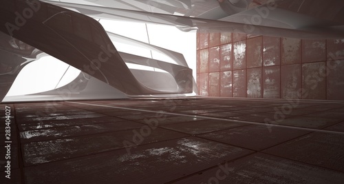 Empty smooth abstract room white interior of sheets rusted metal . Architectural background. 3D illustration and rendering