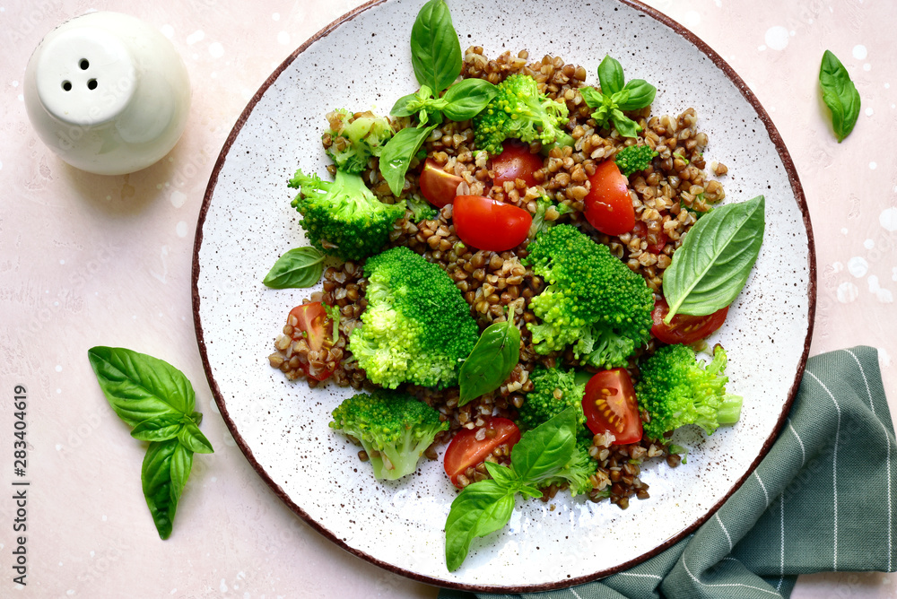 Buckwheat salad with vegetables.Top view with copy space.