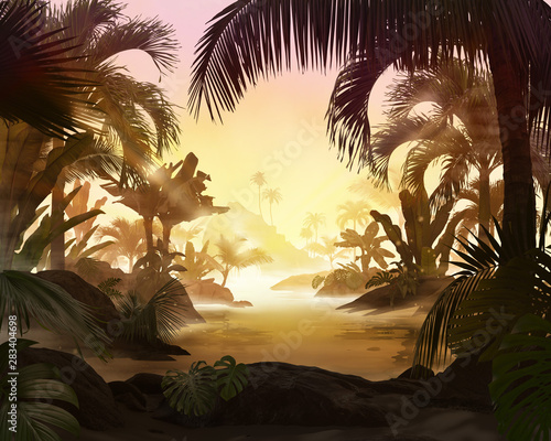 Beautiful beach lagoon view with palm trees and tropical leaves, can be used as background