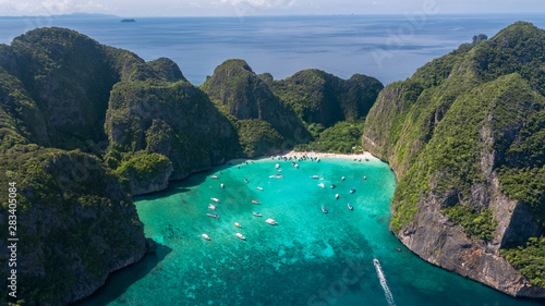    Aerial view of iconic tropical Maya Bay,Phi Phi islands, Thailand