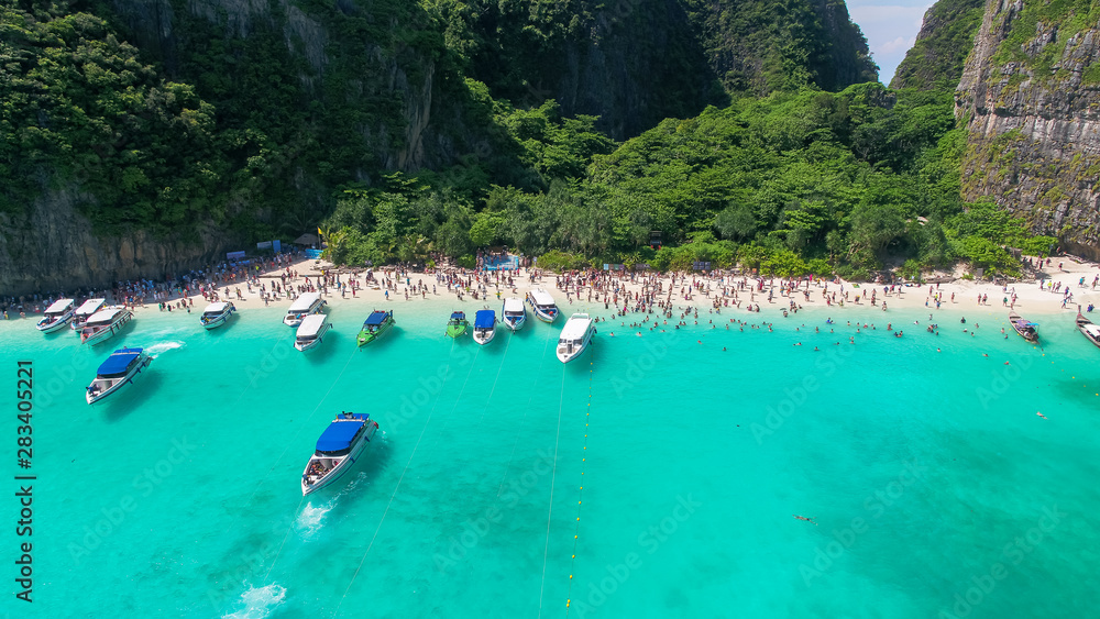    Aerial view of iconic tropical Maya Bay,Phi Phi islands, Thailand