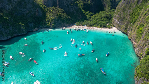  Aerial view of iconic tropical Maya Bay,Phi Phi islands, Thailand