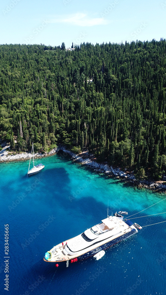 Fototapeta premium Aerial drone photo of picturesque and iconic port of Fiskardo with luxury boats docked and traditional character, Cefalonia island, Ionian, Greece