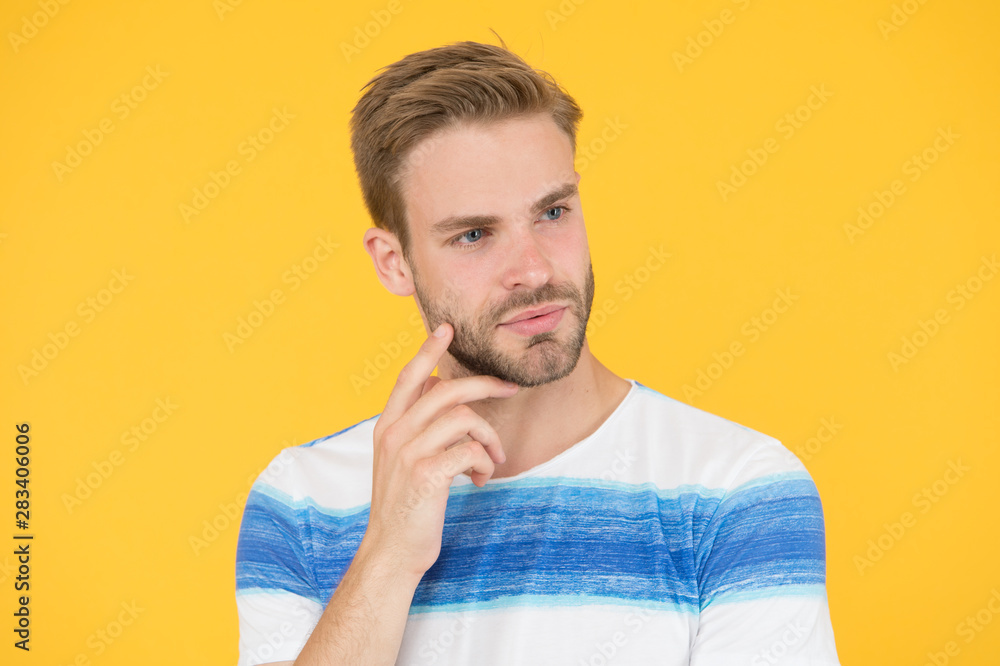 Pensive face. Find solution. Thoughtful man on yellow background. Hipster bearded face not sure in something. Hard question. Man serious face thoughtful. Have some doubts. Thoughtful expression Pensive face. Find solution. Thoughtful man on yellow background. Hipster bearded face not sure in something. Hard question. Man serious face thoughtful. Have some doubts. Thoughtful expression