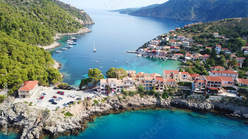 Fototapeta Naklejka Na Ścianę i Meble -  Aerial drone bird's eye view photo of beautiful and picturesque colorful traditional fishing village of Assos in island of Cefalonia, Ionian, Greece