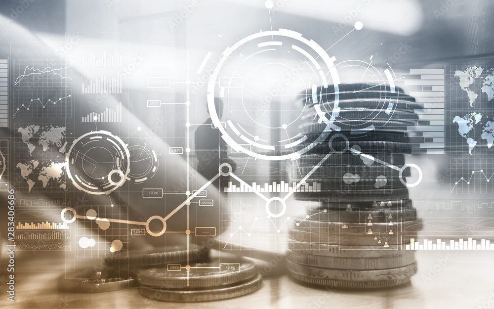 Creative digital abstract business interface background. Financial chart graph diagram and icon on virtual screen. Double exposure.