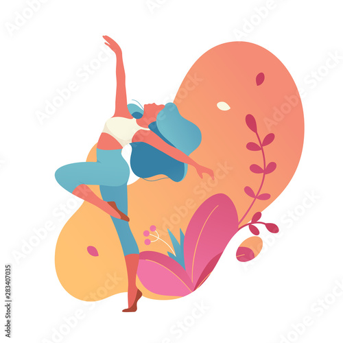 Woman activities. Girl doing sports, yoga, dancing, fitness exercise in different poses. Sport women flat illustration isolated on white background for website and mobile website development.- Vector