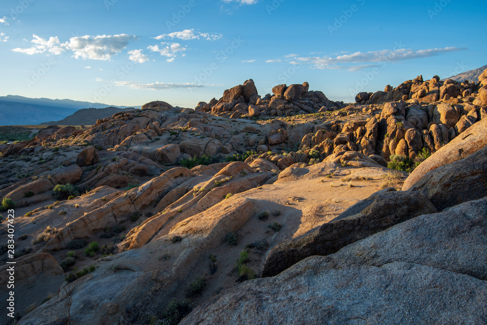 desert rock formations in early morning sunlight Eastern Sierra Nevada California