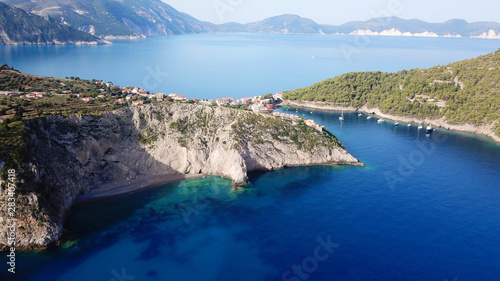 Aerial drone bird s eye view photo of beautiful and picturesque colorful traditional fishing village of Assos in island of Cefalonia  Ionian  Greece