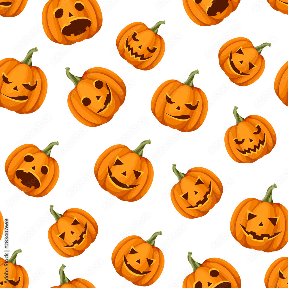 Vector seamless pattern with Jack-O-Lanterns (Halloween pumpkins) on a white background. Vector seamless pattern with Jack-O-Lanterns (Halloween pumpkins) on a white background.