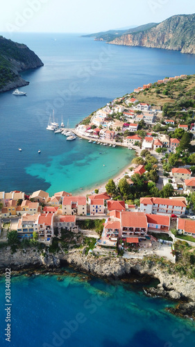 Aerial drone bird's eye view photo of beautiful and picturesque colorful traditional fishing village of Assos in island of Cefalonia, Ionian, Greece