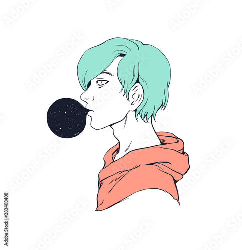 Guy with bubblegum creative illustration print design
