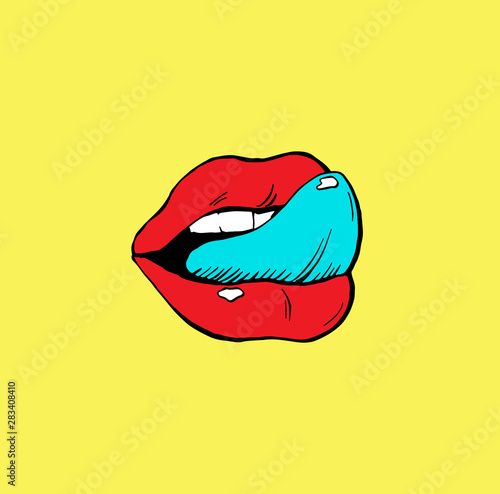 Red lips with tongue pop art  print design colorful isolated