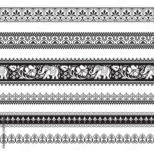 Seamless black and white borders with tribal style elephants and flowers. Thai, Indian, African symbol. Pattern brushes included in vector file.