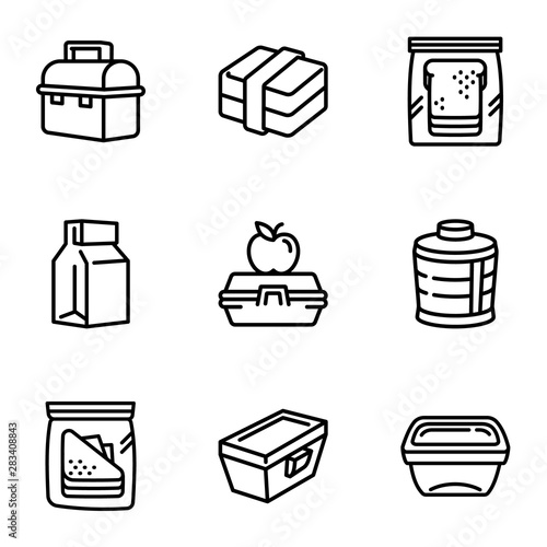 School lunch box icon set. Outline set of 9 school lunch box vector icons for web design isolated on white background