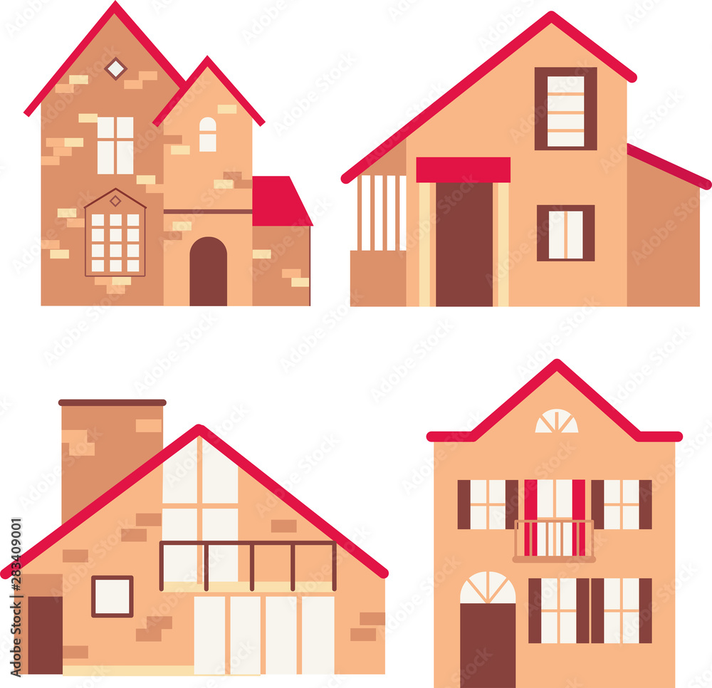House front view. Set of vector illustrations of colored houses. Living buildings, village architecture. House front view. Set of vector illustrations of colored houses. Living buildings, village architecture.