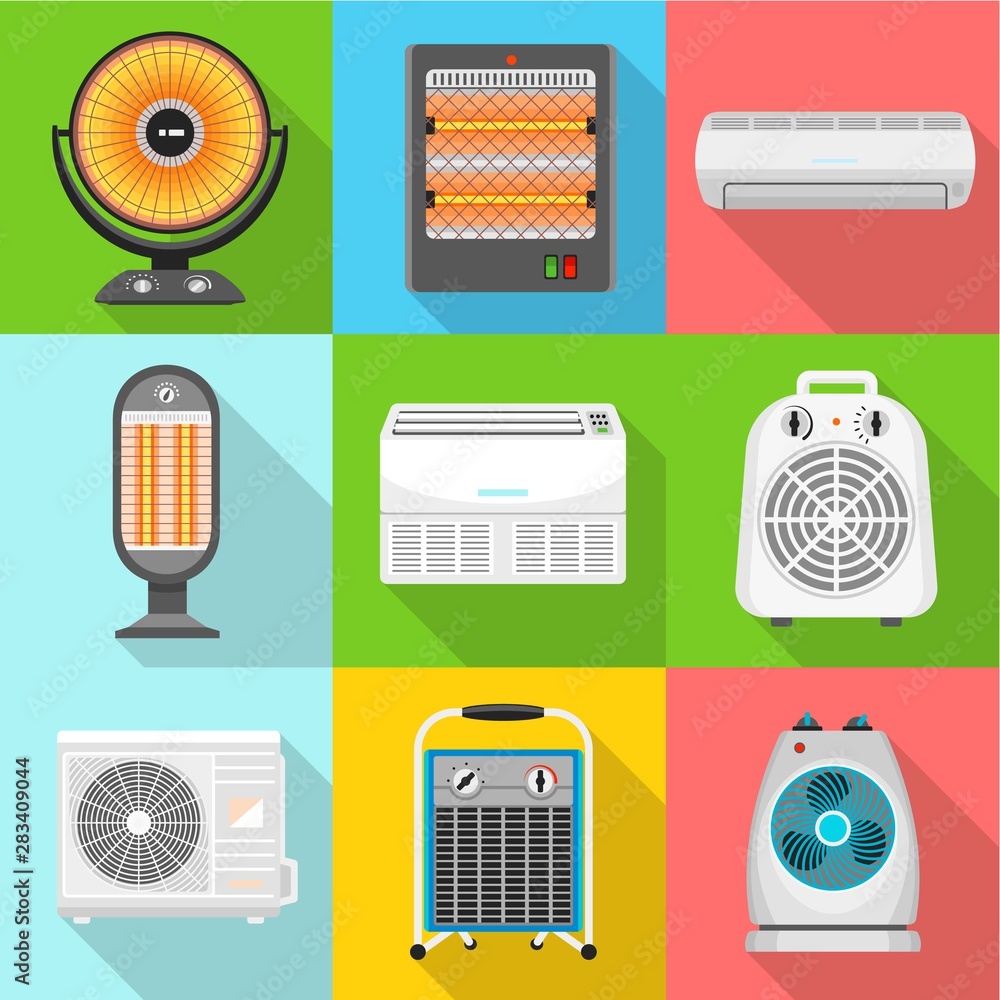 Warm heater icon set. Flat set of 9 warm heater vector icons for web design isolated on white background Warm heater icon set. Flat set of 9 warm heater vector icons for web design isolated on white background