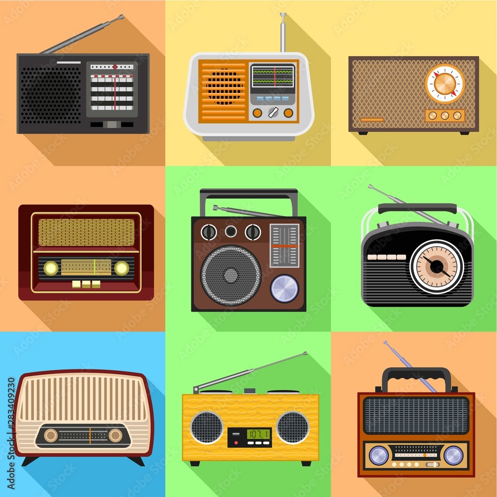 Retro radio icon set. Flat set of 9 retro radio vector icons for web design isolated on white background Retro radio icon set. Flat set of 9 retro radio vector icons for web design isolated on white background