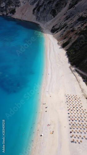 Aerial drone photo of iconic turquoise and sapphire bay and beach of Myrtos  Cefalonia island  Ionian  Greece