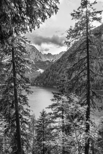 Ausblick auf den Pragser Wildsee - Aufnahme in Schwarz-Weiß