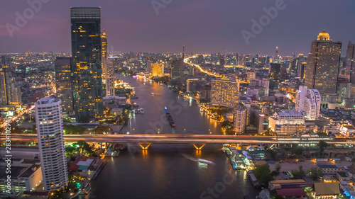 BANGKOK THAILAND - April 7 : aerial view of Taksin Bridge and Sathorn road in heart of Bangkok capital on April 7 , 2019 in Bangkok. Thailand
