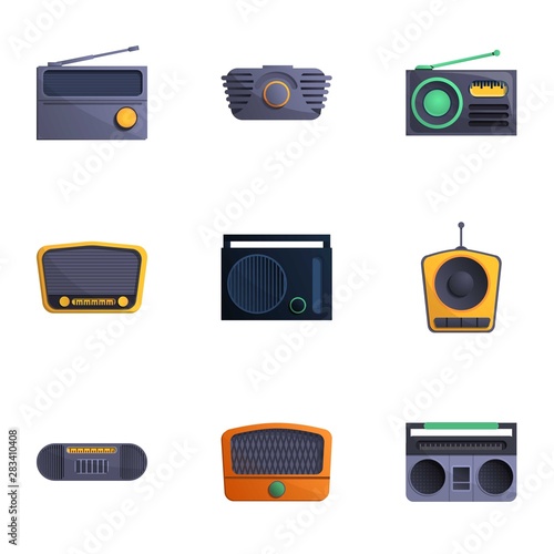Broadcast radio icon set. Cartoon set of 9 broadcast radio vector icons for web design isolated on white background