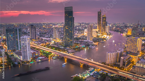BANGKOK THAILAND - April 7 : aerial view of Taksin Bridge and Sathorn road in heart of Bangkok capital on April 7 , 2019 in Bangkok. Thailand © Ketsuda
