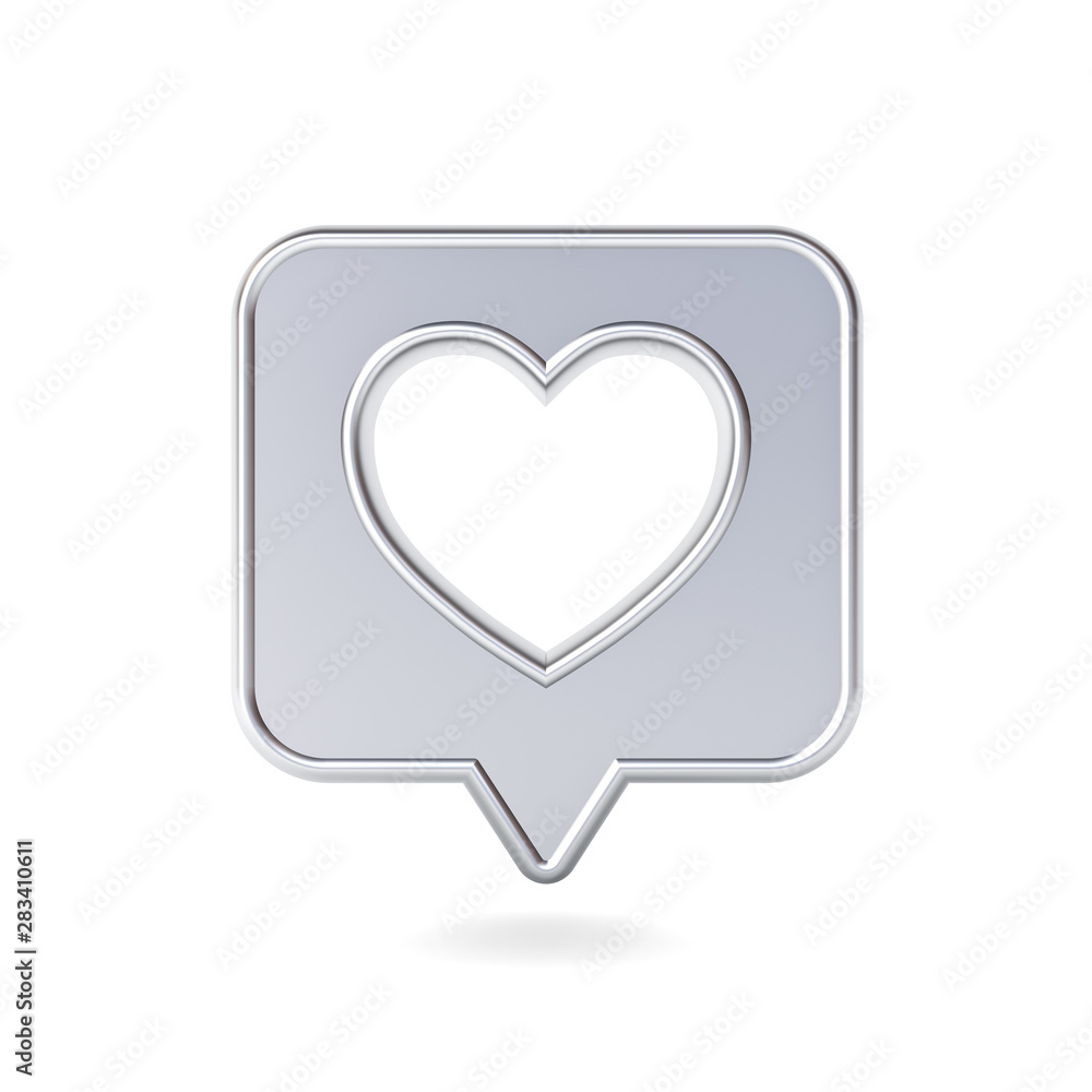 3d social media notification love like icon with hole heart shape on shiny metal speech bubble pin isolated on white background with shadow 3D rendering