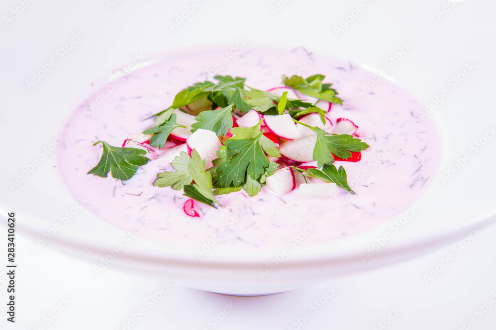 Cold borscht (chlodnik) - traditional Lithuanian cold soup with radish, parsley and dill Cold borscht (chlodnik) - traditional Lithuanian cold soup with radish, parsley and dill