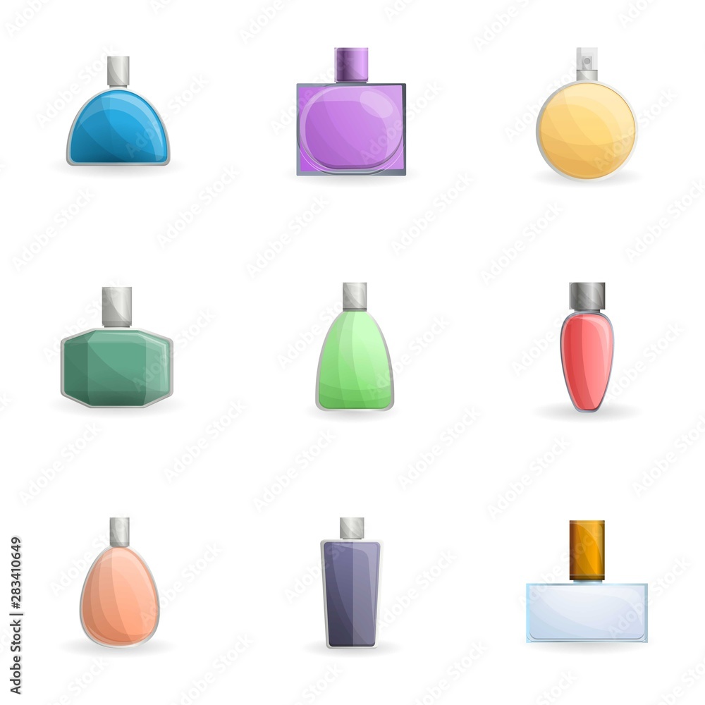 Luxury perfume bottle icon set. Cartoon set of 9 luxury perfume bottle vector icons for web design isolated on white background Luxury perfume bottle icon set. Cartoon set of 9 luxury perfume bottle vector icons for web design isolated on white background