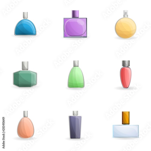 Luxury perfume bottle icon set. Cartoon set of 9 luxury perfume bottle vector icons for web design isolated on white background