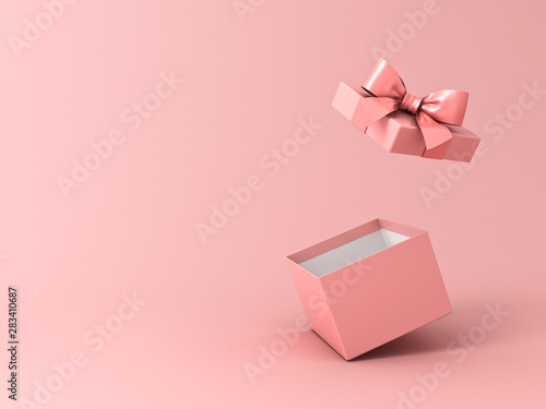 Blank open gift box or present box with pink ribbon bow isolated on pink pastel color background with shadow 3D rendering photo