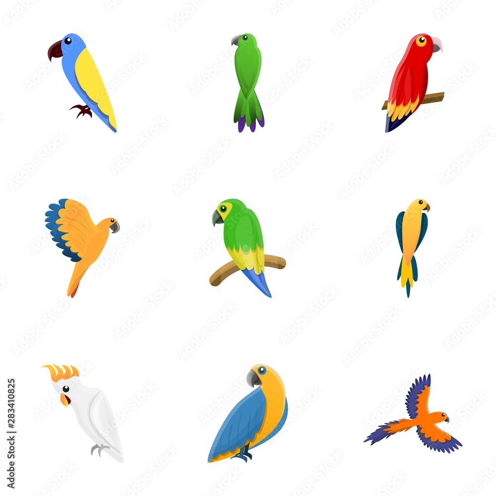 Fototapeta premium Cute parrot icon set. Cartoon set of 9 cute parrot vector icons for web design isolated on white background