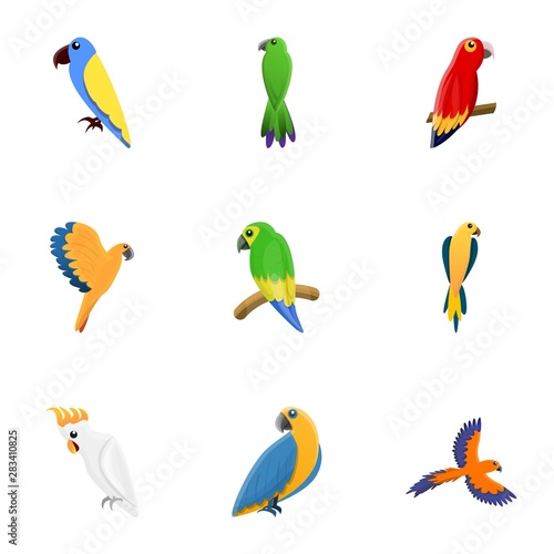 Cute parrot icon set. Cartoon set of 9 cute parrot vector icons for web design isolated on white background