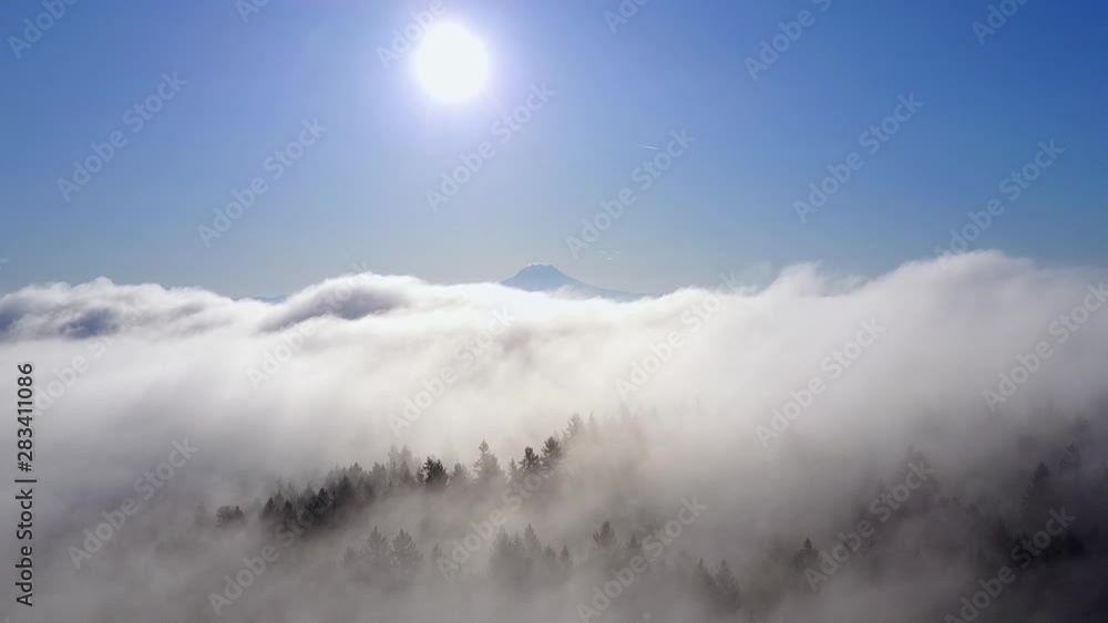Stunning aerial shot of low lying clouds kissing the tops of trees in a mountain range. Stunning aerial shot of low lying clouds kissing the tops of trees in a mountain range.