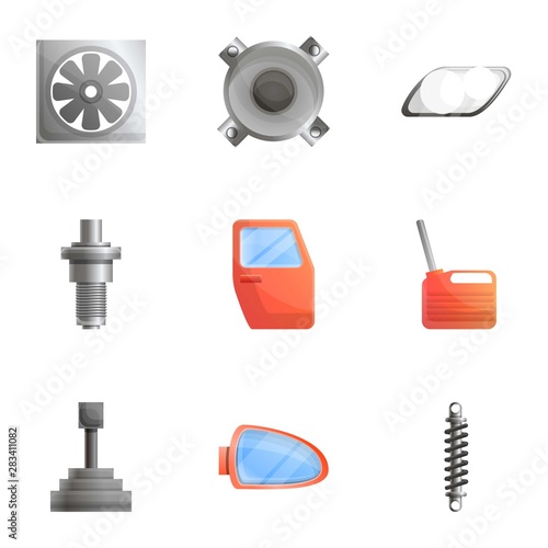 Car body parts icon set. Cartoon set of 9 car body parts vector icons for web design isolated on white background