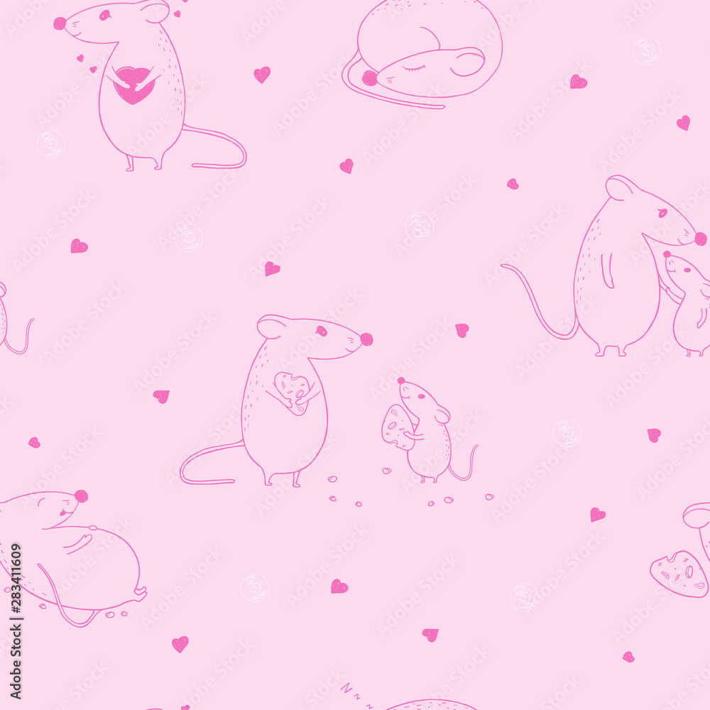 Seamless pattern with mouse. Silhouettes on a pink background. Valentine s day. Seamless pattern with mouse. Silhouettes on a pink background. Valentine s day.