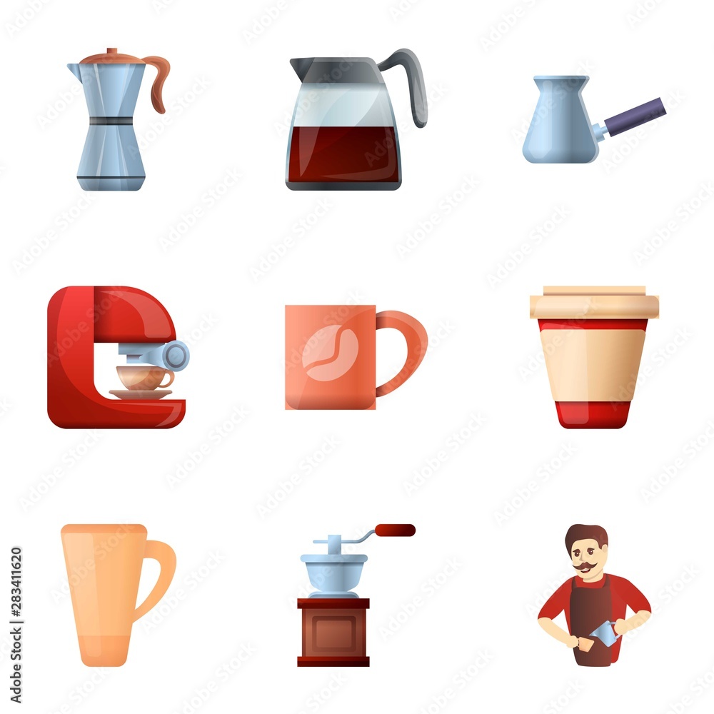 Modern barista coffee icon set. Cartoon set of 9 modern barista coffee vector icons for web design isolated on white background Modern barista coffee icon set. Cartoon set of 9 modern barista coffee vector icons for web design isolated on white background