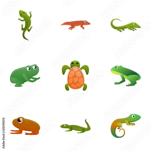 Tropical reptile icon set. Cartoon set of 9 tropical reptile vector icons for web design isolated on white background