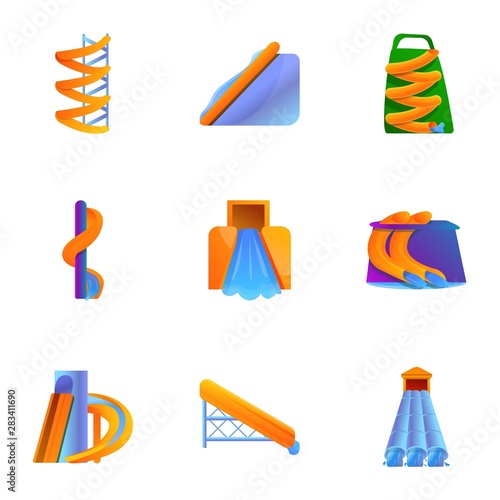 Aquapark funny slide icon set. Cartoon set of 9 aquapark funny slide vector icons for web design isolated on white background