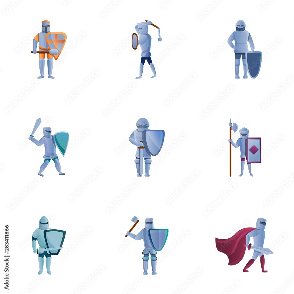 Royal knights icon set. Cartoon set of 9 royal knights vector icons for web design isolated on white background Royal knights icon set. Cartoon set of 9 royal knights vector icons for web design isolated on white background