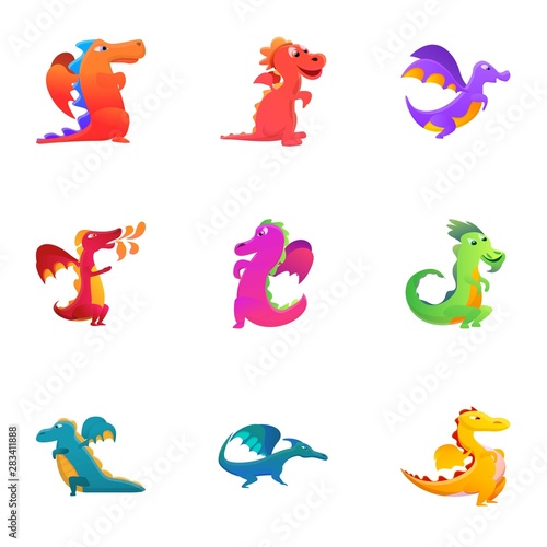 Funny dragons icon set. Cartoon set of 9 funny dragons vector icons for web design isolated on white background