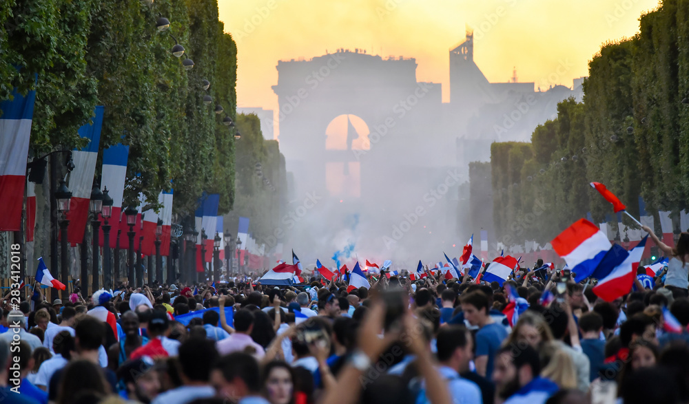 custom made wallpaper toronto digitalPARIS, France – July 15, 2018 : thousands of jubilant french fans on the Avenue des Champs-Élysées celebrating France's victory over Croatia in the 2018 FIFA World Cup Final.
