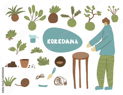 Kokedama set. Doodle vector asian plant collection
