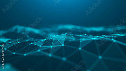 Wave of particles. Abstract blue technology background. Science background. Big data. Background . Plexus effect. Network connection structure. 3d rendering.