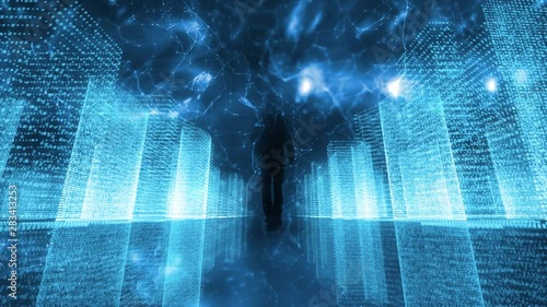 Artistic digital city with artificial intelligence cyberspace and people.