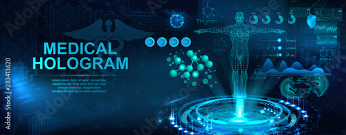 Medical hologram with body, examination in HUD style. Modern healthcare concept. Futuristic examination with hologram human body and health indicators. Sci 3D x-ray. Vector illustration